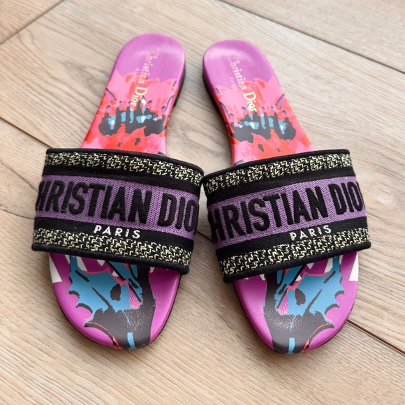 DIOR Canvas D-Flower Pop Embroidered Dway Flat Slide Sandals 38.5 - Picture 4 of 9